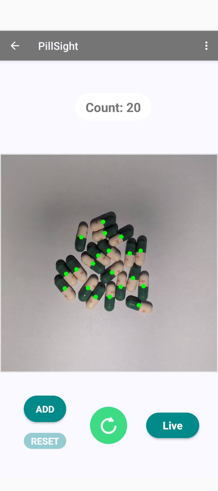 PillSight pill counter app showing a capsule count result